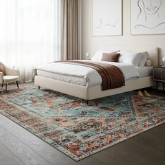 Cyan Blue & Salmon Washable Rug