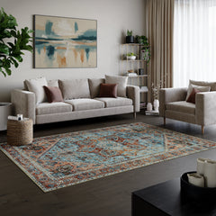 Cyan Blue & Salmon Washable Rug