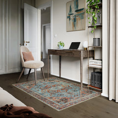 Cyan Blue & Salmon Washable Rug