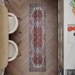 Burgundy Red & Blue Washable Rug