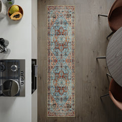 Cyan Blue & Salmon Washable Rug
