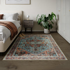 Cyan Blue & Salmon Washable Rug