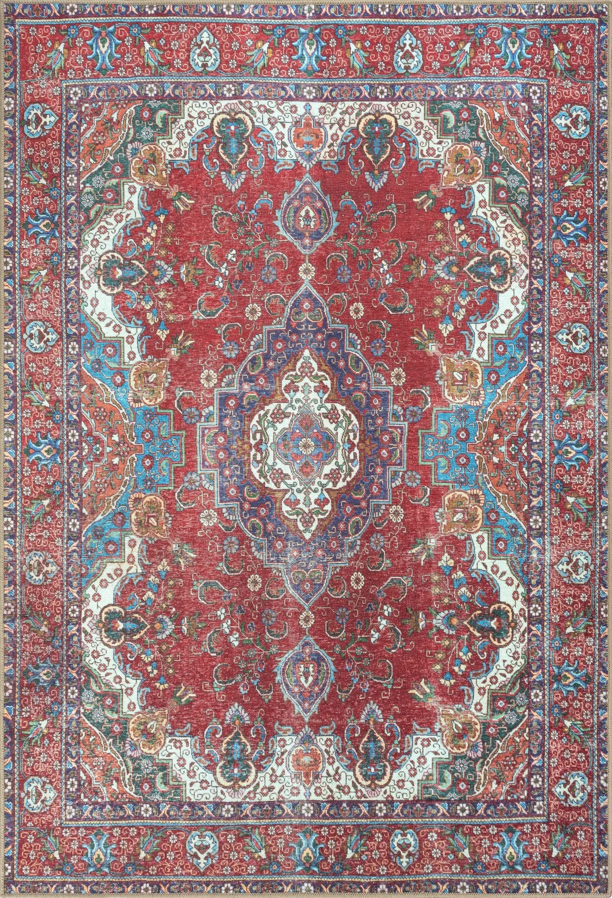 Burgundy Red & Blue Washable Rug