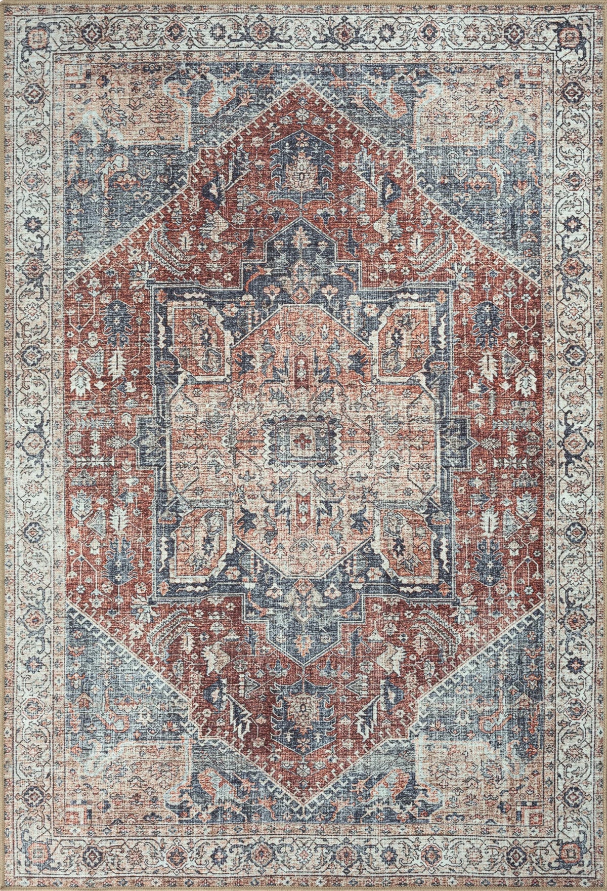 Crimson Red & Navy Washable Rug